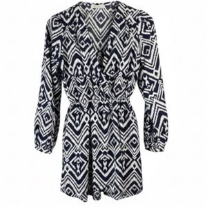 HONEY BELLE Print Crossover Mini Dress Navy Print V-neck Long Sleeve Boho Size S
